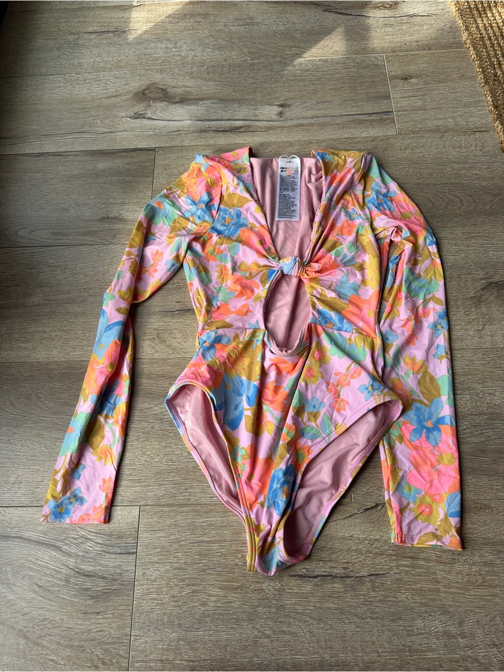 Billabong Floral Long-Sleeve Tie-Front One-Piece Swimsuit - Pink Multi